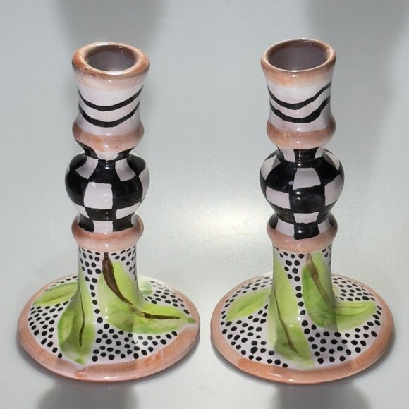 Hand-Painted Ceramic Candlestick Holders Pair With Unique Design - Picture 3 of 8